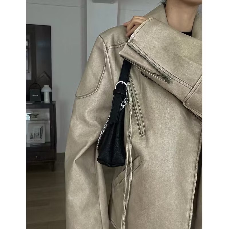 《HSS韓國代購》正韓 🇰🇷 東大門 洗舊古著感翻領皮夾克皮革長袖騎士外套-細節圖7