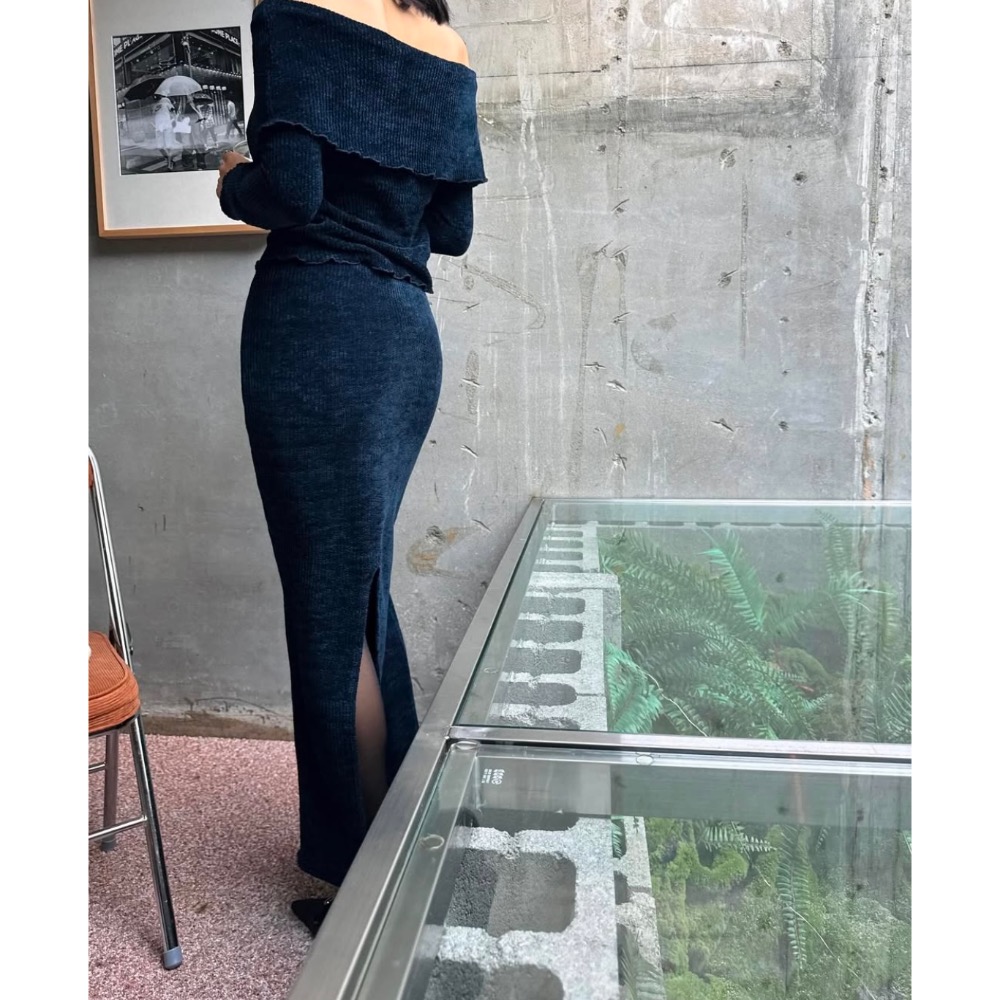 《HSS 韓國代購》正韓 🇰🇷 東大門 露肩針織拉鍊翻領上衣/針織坑條長裙-細節圖2