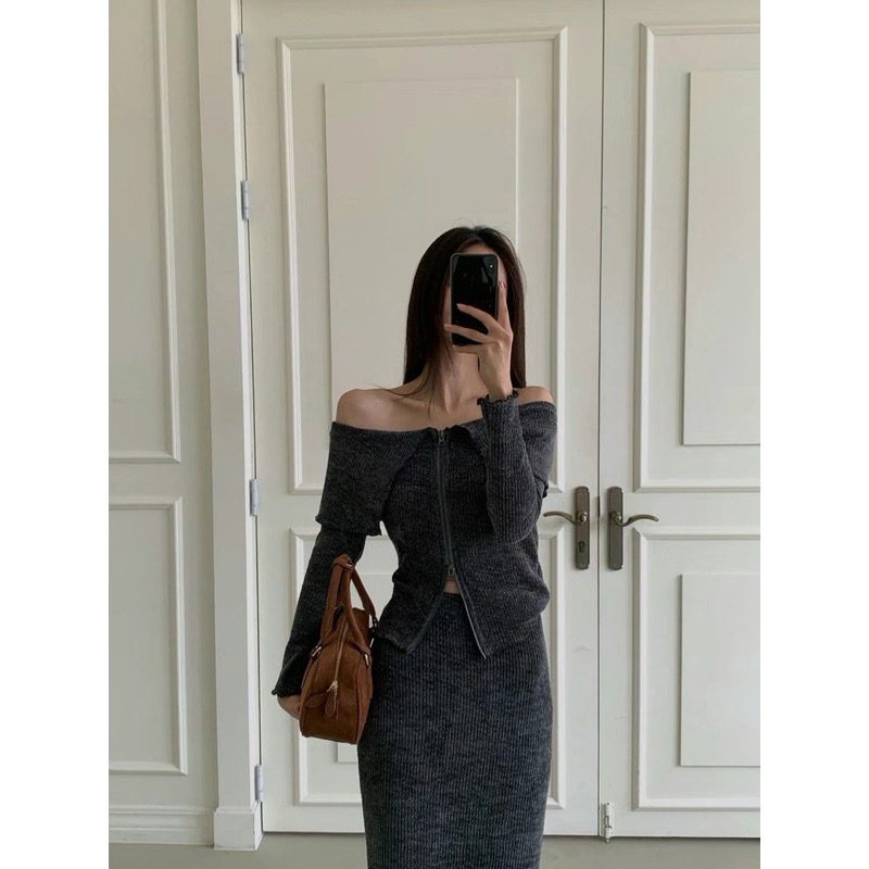 《HSS 韓國代購》正韓 🇰🇷 東大門 露肩針織拉鍊翻領上衣/針織坑條長裙-細節圖6