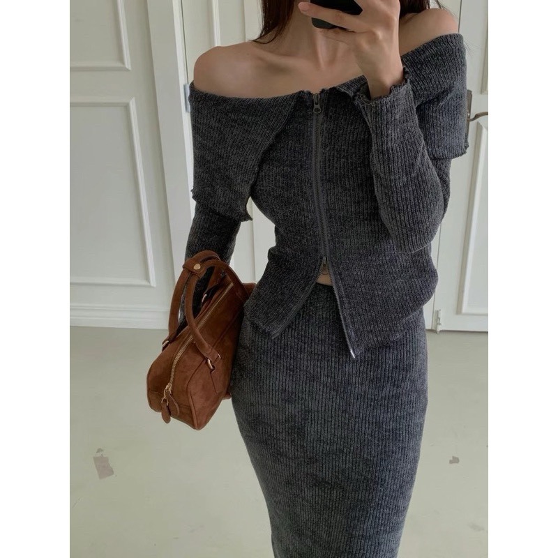 《HSS 韓國代購》正韓 🇰🇷 東大門 露肩針織拉鍊翻領上衣/針織坑條長裙-細節圖8