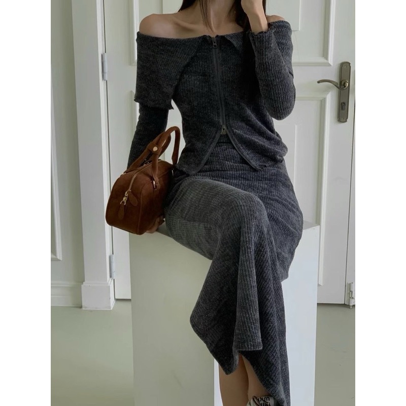 《HSS 韓國代購》正韓 🇰🇷 東大門 露肩針織拉鍊翻領上衣/針織坑條長裙-細節圖9