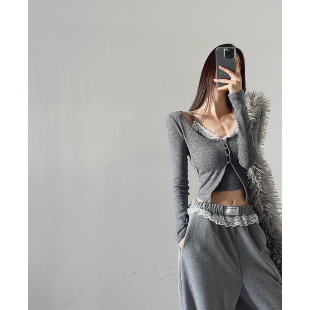 《HSS 韓國代購》正韓 🇰🇷 東大門 lagirl 蕾絲背心+針織小外套Set/鬆緊腰結蕾絲花邊休閒棉褲-細節圖2