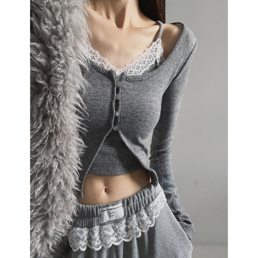 《HSS 韓國代購》正韓 🇰🇷 東大門 lagirl 蕾絲背心+針織小外套Set/鬆緊腰結蕾絲花邊休閒棉褲-細節圖3