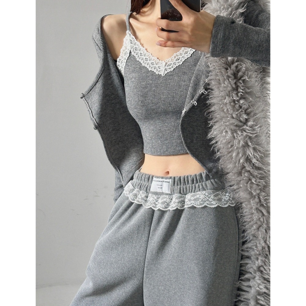 《HSS 韓國代購》正韓 🇰🇷 東大門 lagirl 蕾絲背心+針織小外套Set/鬆緊腰結蕾絲花邊休閒棉褲-細節圖6