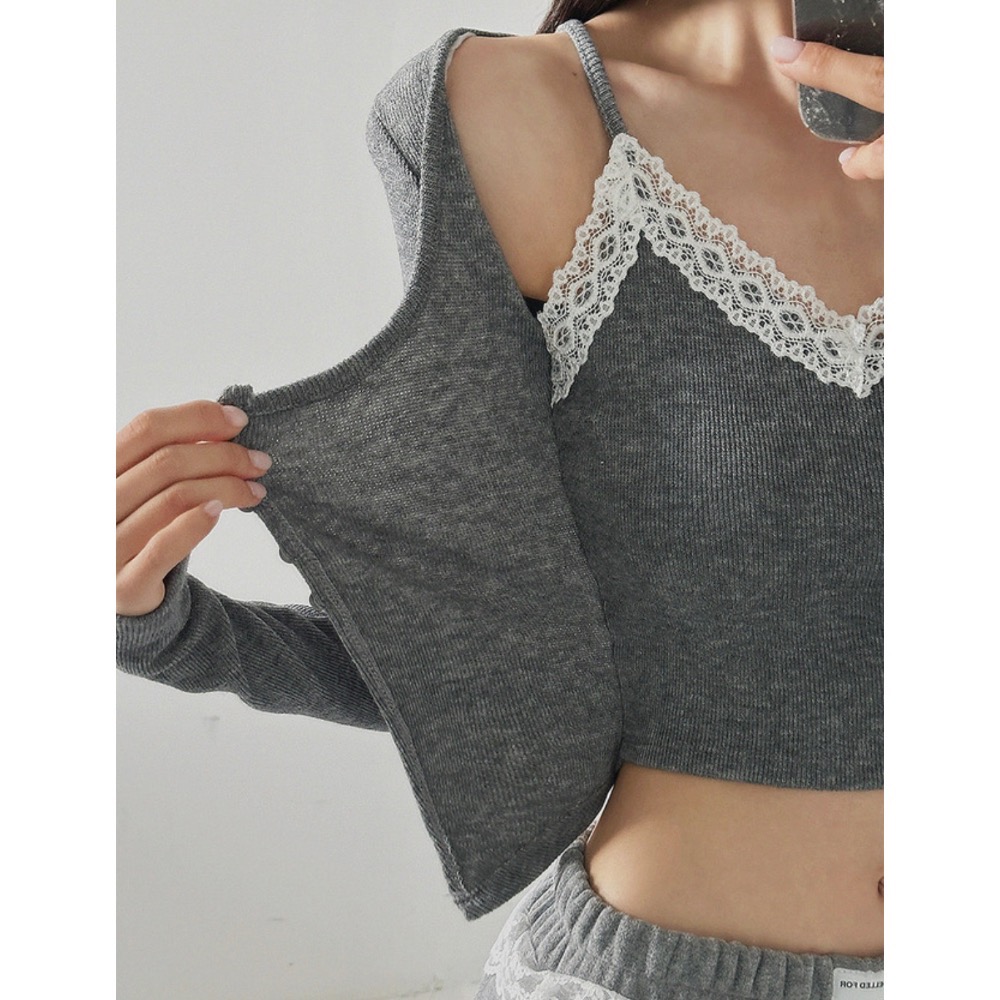 《HSS 韓國代購》正韓 🇰🇷 東大門 lagirl 蕾絲背心+針織小外套Set/鬆緊腰結蕾絲花邊休閒棉褲-細節圖7