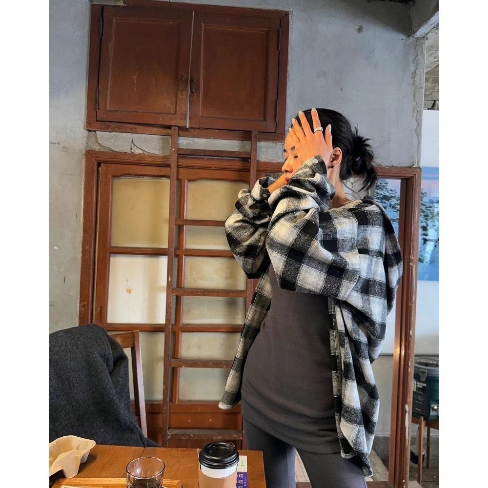 《HSS 韓國代購》正韓 🇰🇷 東大門 MayMay款 連帽長版 格子襯衫 外套罩衫-細節圖3