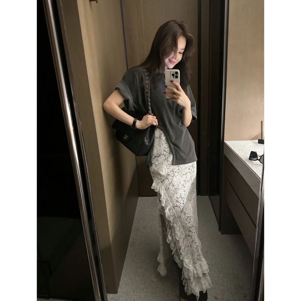 《HSS 韓國代購》正韓 🇰🇷 東大門 細肩下擺不規則荷葉蕾絲長洋裝-細節圖2