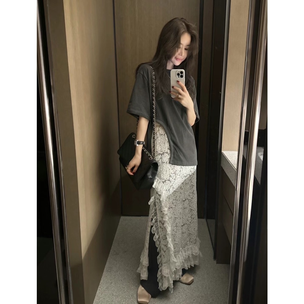 《HSS 韓國代購》正韓 🇰🇷 東大門 細肩下擺不規則荷葉蕾絲長洋裝-細節圖4