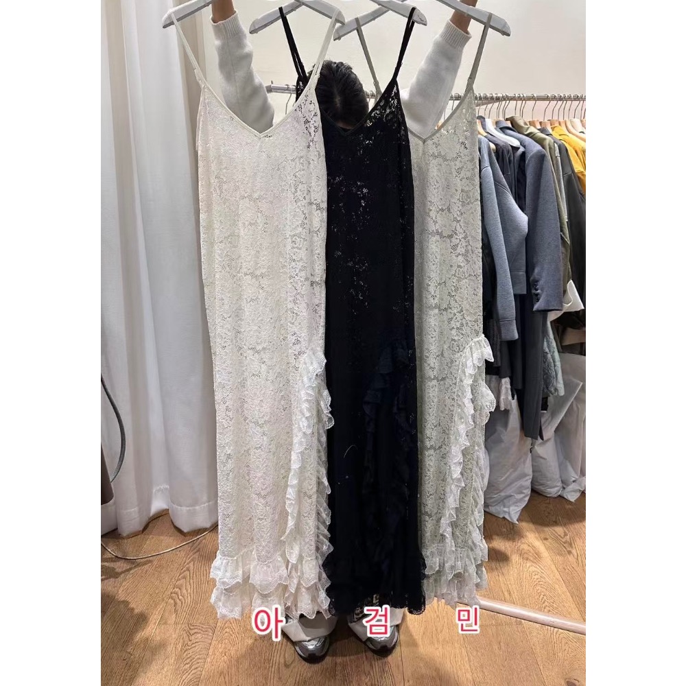 《HSS 韓國代購》正韓 🇰🇷 東大門 細肩下擺不規則荷葉蕾絲長洋裝-細節圖9