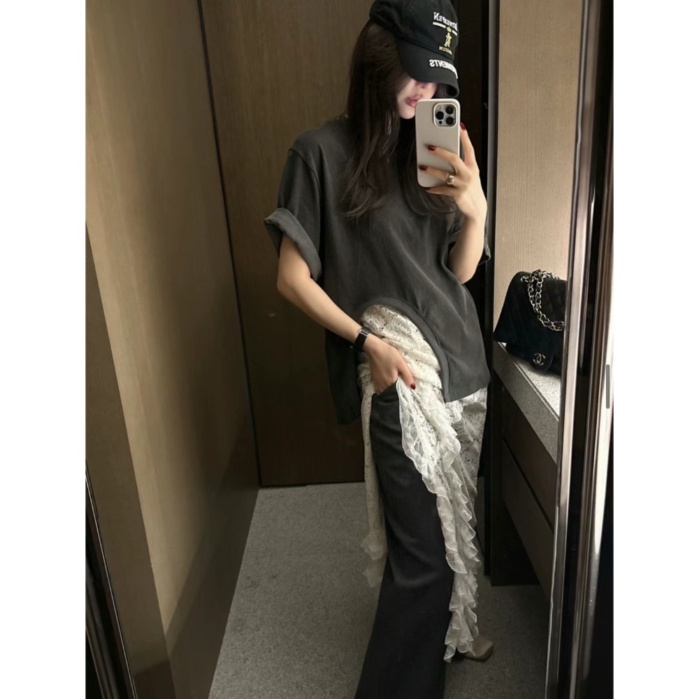 《HSS 韓國代購》正韓 🇰🇷 東大門 歐膩網紅款❤️下不規則設計厚棉長版T恤上衣-細節圖3