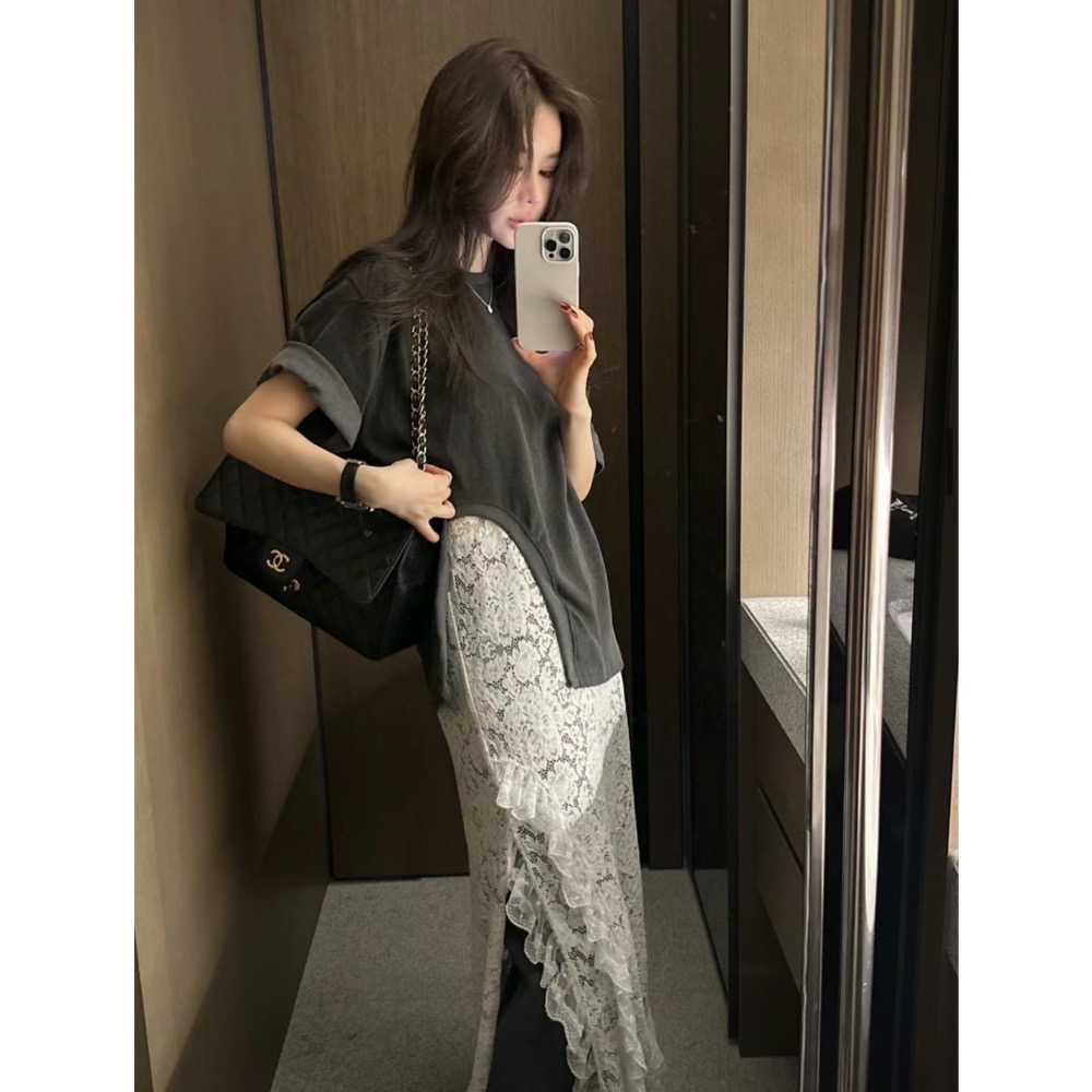 《HSS 韓國代購》正韓 🇰🇷 東大門 歐膩網紅款❤️下不規則設計厚棉長版T恤上衣-細節圖4