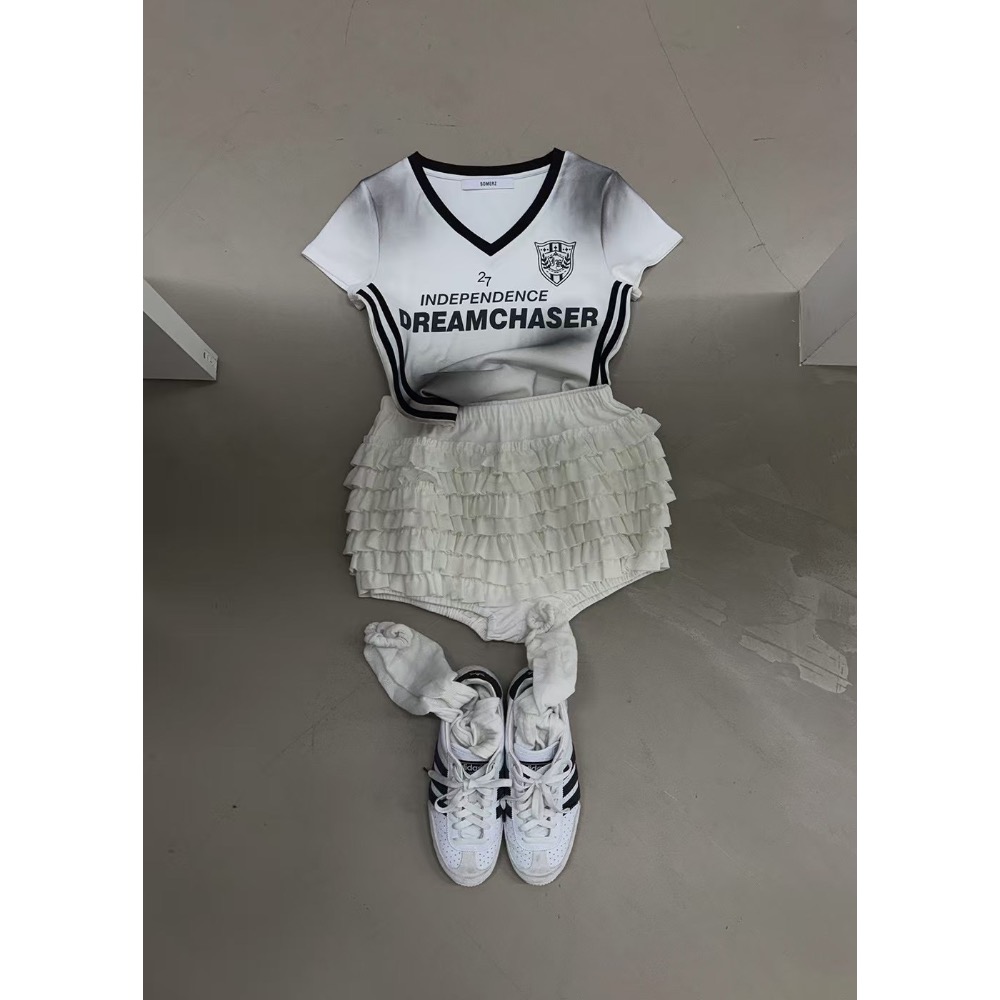 《HSS 韓國代購》正韓 🇰🇷 東大門  V領紮染線條足球女孩古著T恤-細節圖4