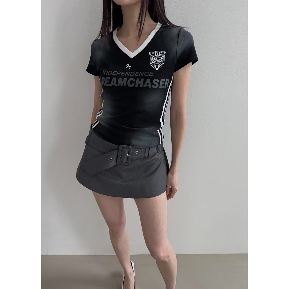 《HSS 韓國代購》正韓 🇰🇷 東大門  V領紮染線條足球女孩古著T恤-細節圖6