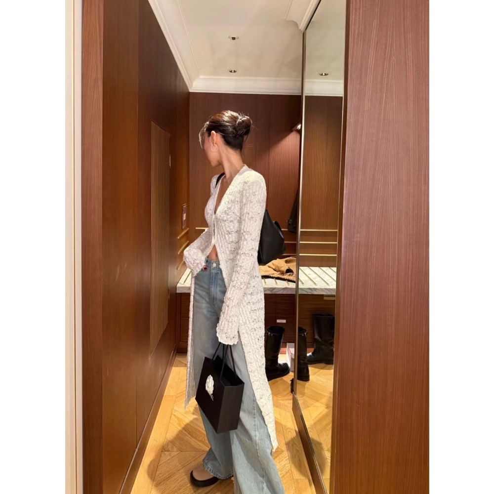 《HSS 韓國代購》正韓 🇰🇷 東大門   透視感前開叉V領設計感罩衫長版外套長袖上衣-細節圖2