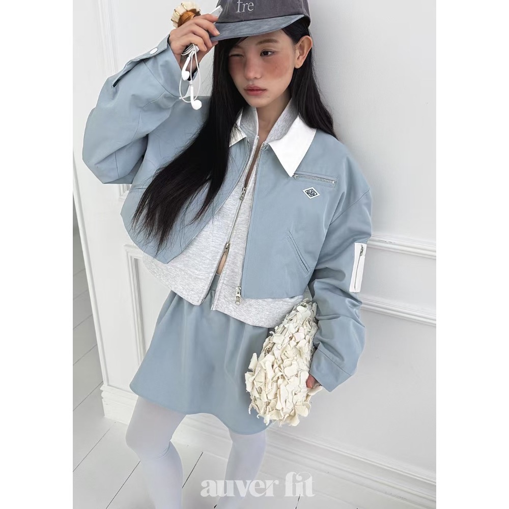 《HSS 韓國代購》正韓 🇰🇷 東大門 翻領拼色短版外套/高腰小蓬裙套裝（內有安全褲）-細節圖3