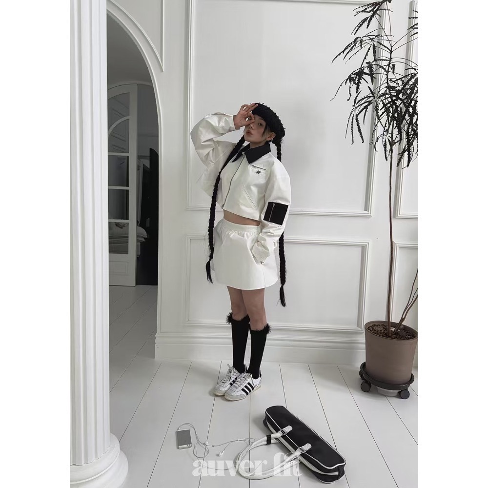 《HSS 韓國代購》正韓 🇰🇷 東大門 翻領拼色短版外套/高腰小蓬裙套裝（內有安全褲）-細節圖4