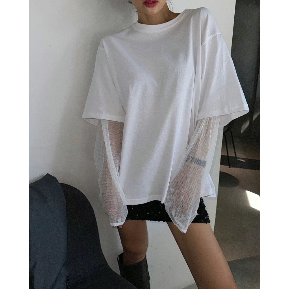 《HSS 韓國代購》正韓 🇰🇷 東大門 MayMay款假2件網狀袖透視感造型純色長版T恤-細節圖2