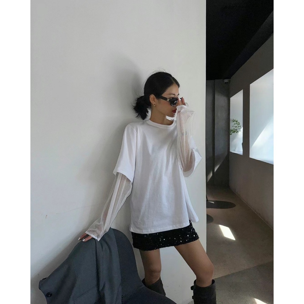 《HSS 韓國代購》正韓 🇰🇷 東大門 MayMay款假2件網狀袖透視感造型純色長版T恤-細節圖4