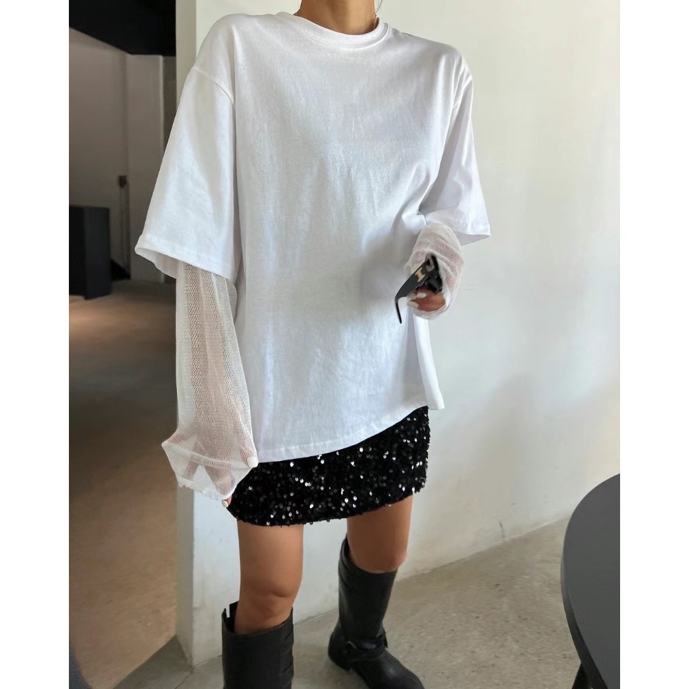 《HSS 韓國代購》正韓 🇰🇷 東大門 MayMay款假2件網狀袖透視感造型純色長版T恤-細節圖5