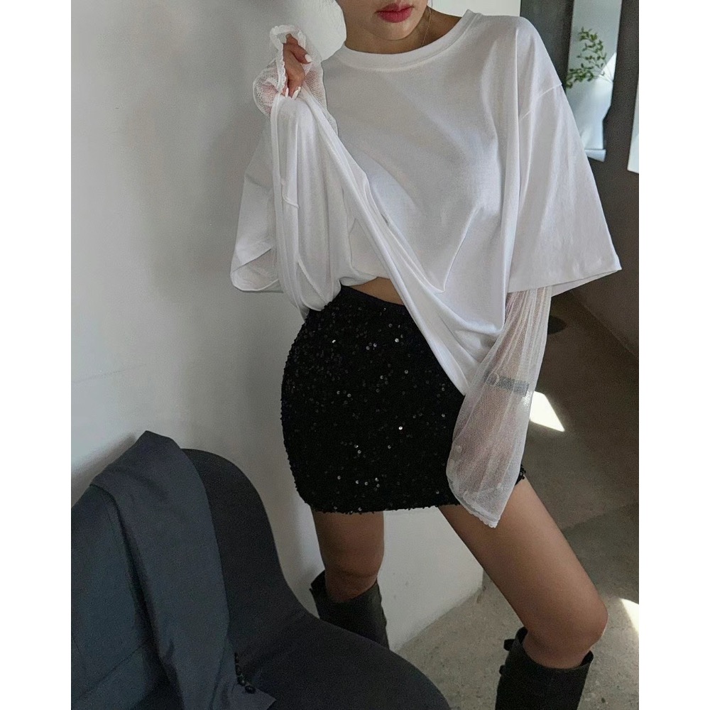 《HSS 韓國代購》正韓 🇰🇷 東大門 MayMay款假2件網狀袖透視感造型純色長版T恤-細節圖6