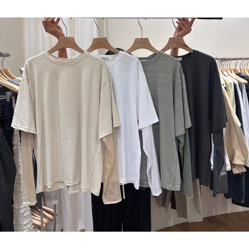 《HSS 韓國代購》正韓 🇰🇷 東大門 MayMay款假2件網狀袖透視感造型純色長版T恤-細節圖7