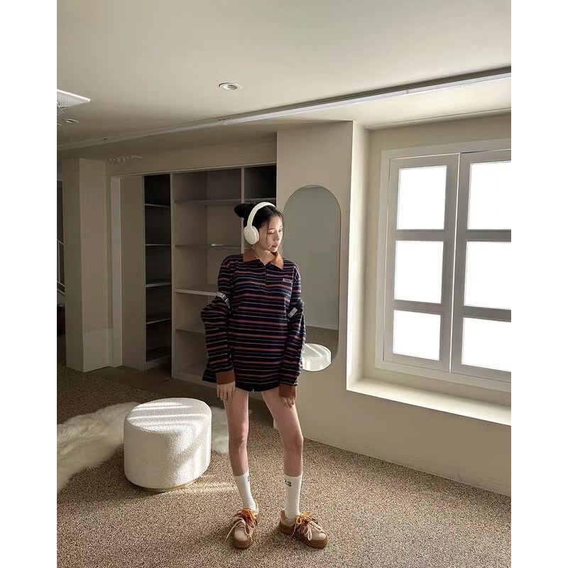 《HSS 韓國代購》正韓 🇰🇷 東大門 古著復古老爹POLO衫翻領條紋上衣-細節圖2