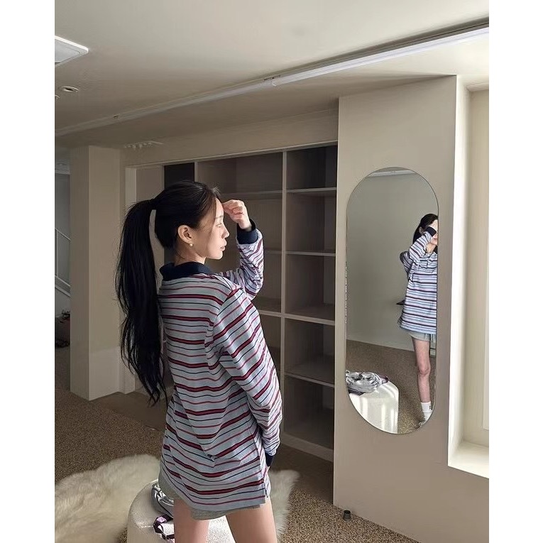 《HSS 韓國代購》正韓 🇰🇷 東大門 古著復古老爹POLO衫翻領條紋上衣-細節圖5