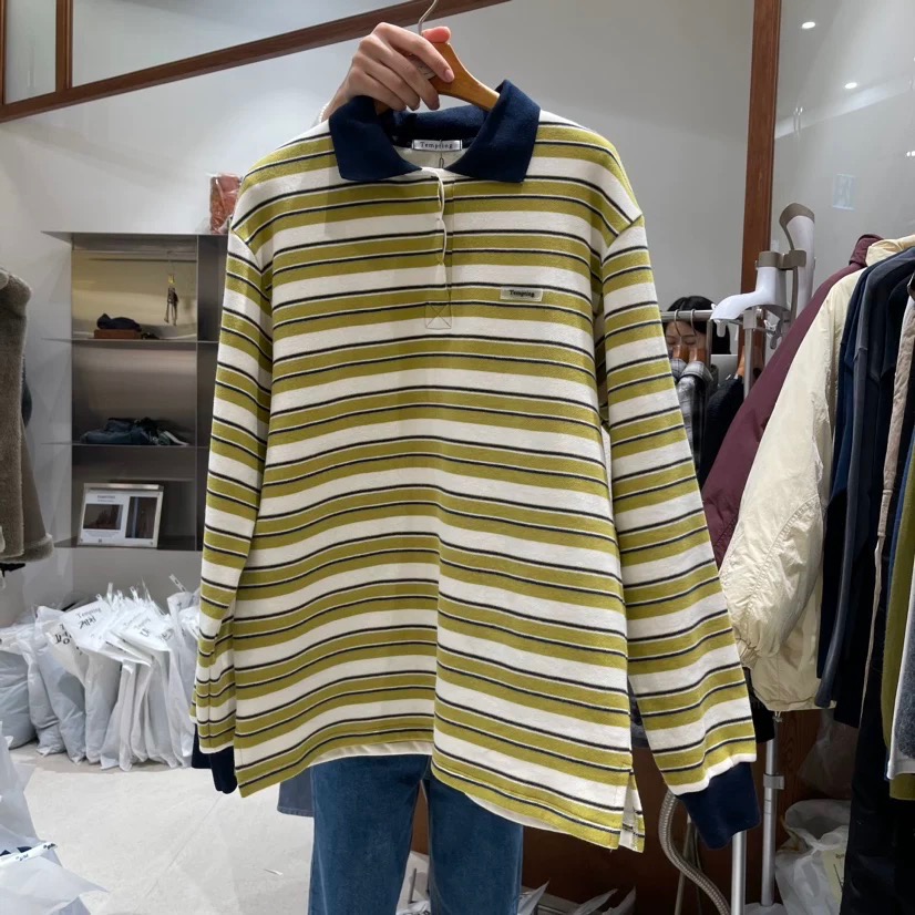 《HSS 韓國代購》正韓 🇰🇷 東大門 古著復古老爹POLO衫翻領條紋上衣-規格圖8