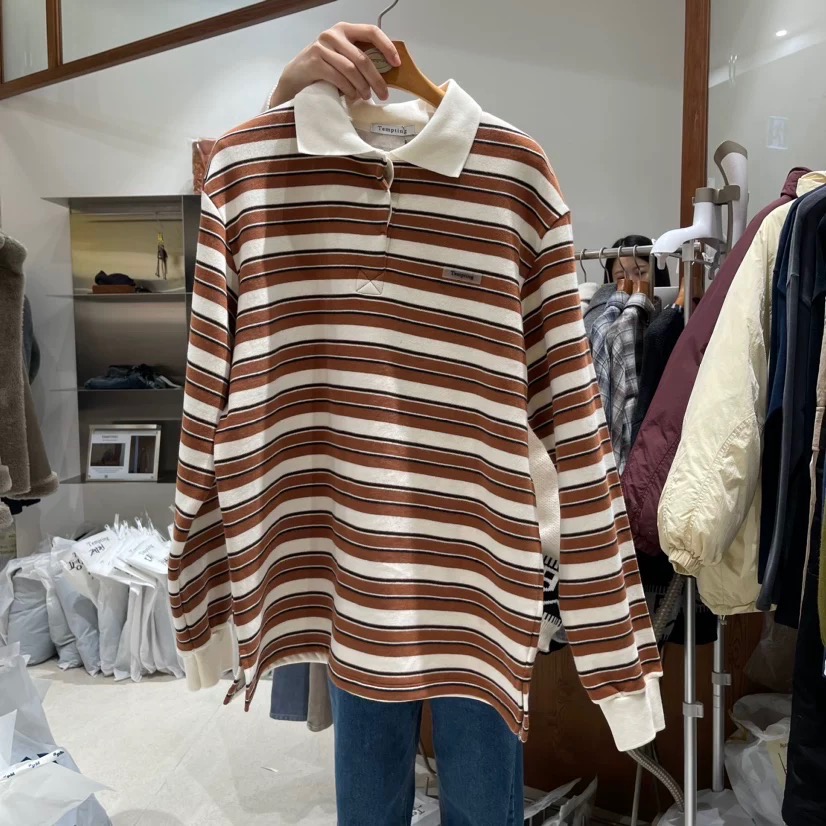 《HSS 韓國代購》正韓 🇰🇷 東大門 古著復古老爹POLO衫翻領條紋上衣-規格圖8