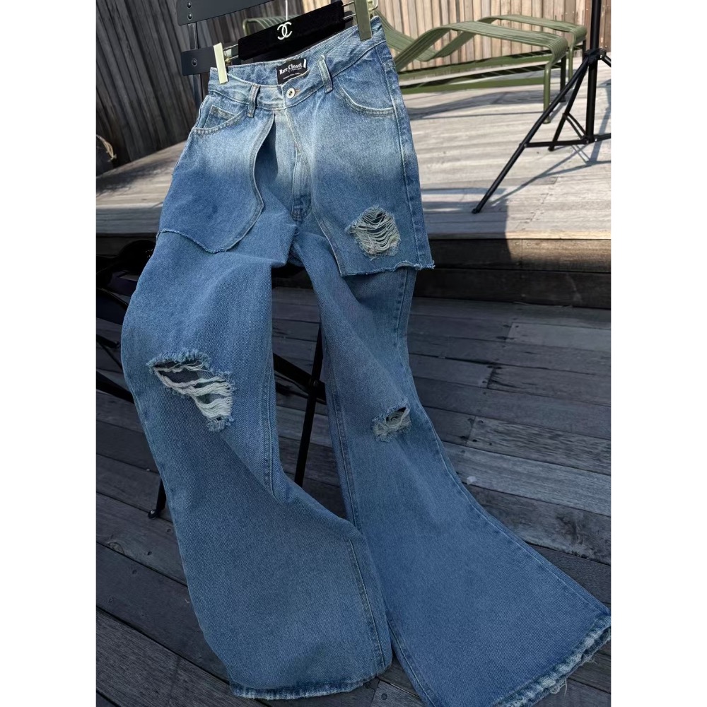 《HSS 韓國代購》正韓 🇰🇷 東大門 破損設計牛仔裙褲雙層造型 牛仔寬褲-細節圖3