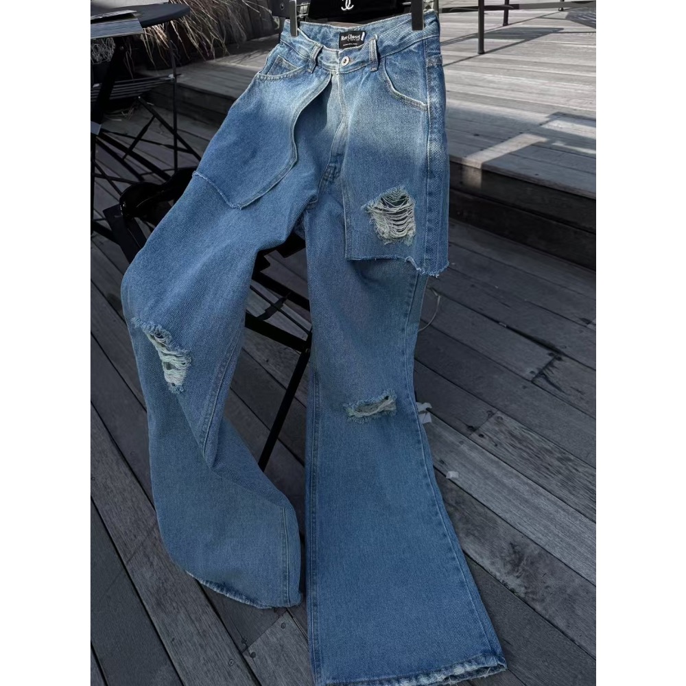 《HSS 韓國代購》正韓 🇰🇷 東大門 破損設計牛仔裙褲雙層造型 牛仔寬褲-細節圖4