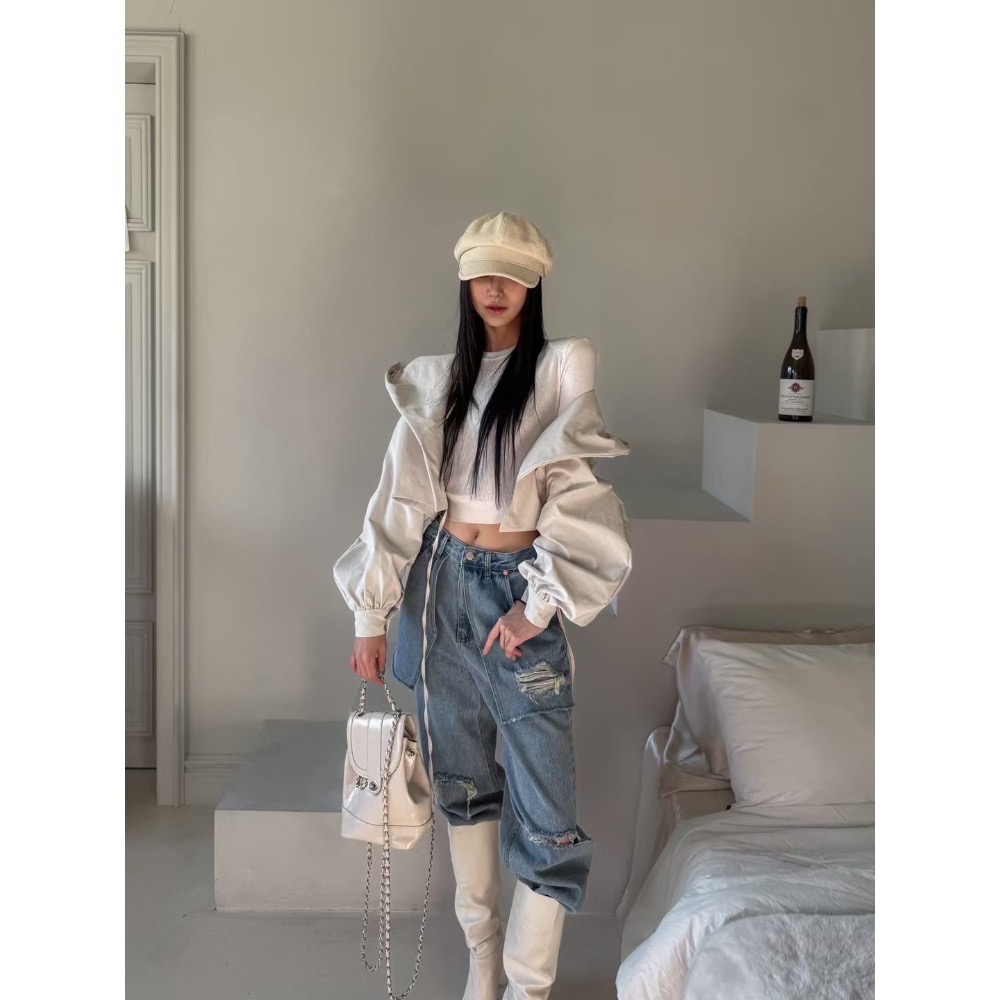 《HSS 韓國代購》正韓 🇰🇷 東大門 短版慵懶休閒大翻領大帽型 微性感連帽罩衫外套-細節圖4