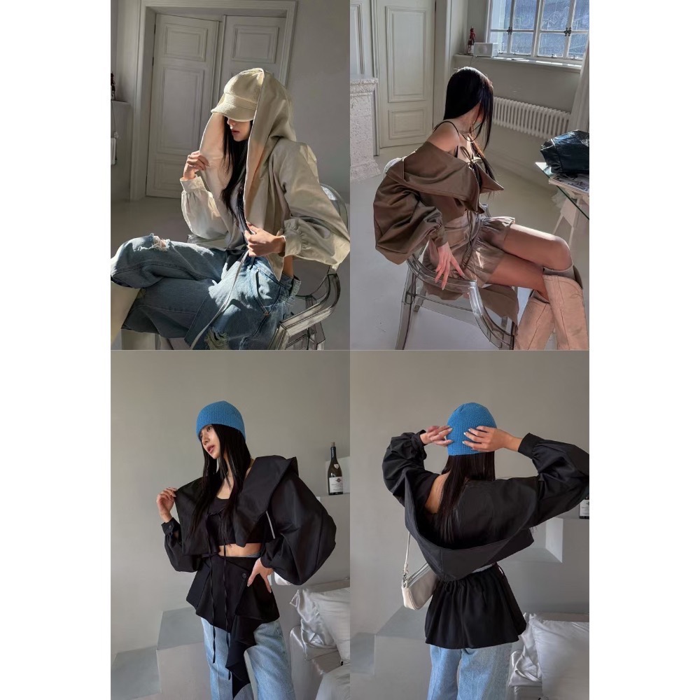 《HSS 韓國代購》正韓 🇰🇷 東大門 短版慵懶休閒大翻領大帽型 微性感連帽罩衫外套-細節圖10