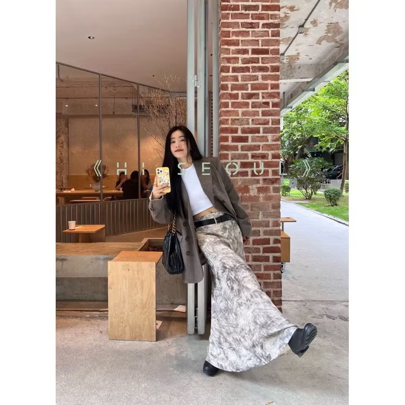 24hr快速出貨《在台現貨》Chic Girl 齊克女孩 - 復古印花潑墨大理石紋文青小清新長裙-細節圖2