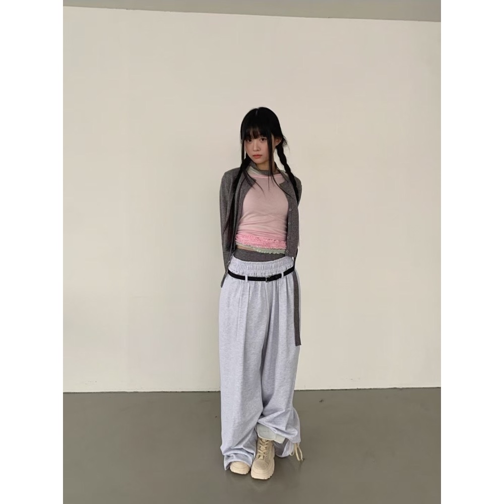 《HSS 韓國代購》正韓 🇰🇷 東大門 鬆緊腰（附腰帶）Y2K女孩鬆垮休閒棉褲 寬褲-細節圖6