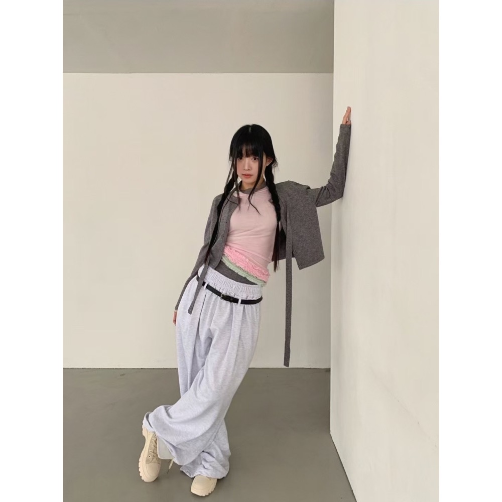 《HSS 韓國代購》正韓 🇰🇷 東大門 鬆緊腰（附腰帶）Y2K女孩鬆垮休閒棉褲 寬褲-細節圖7