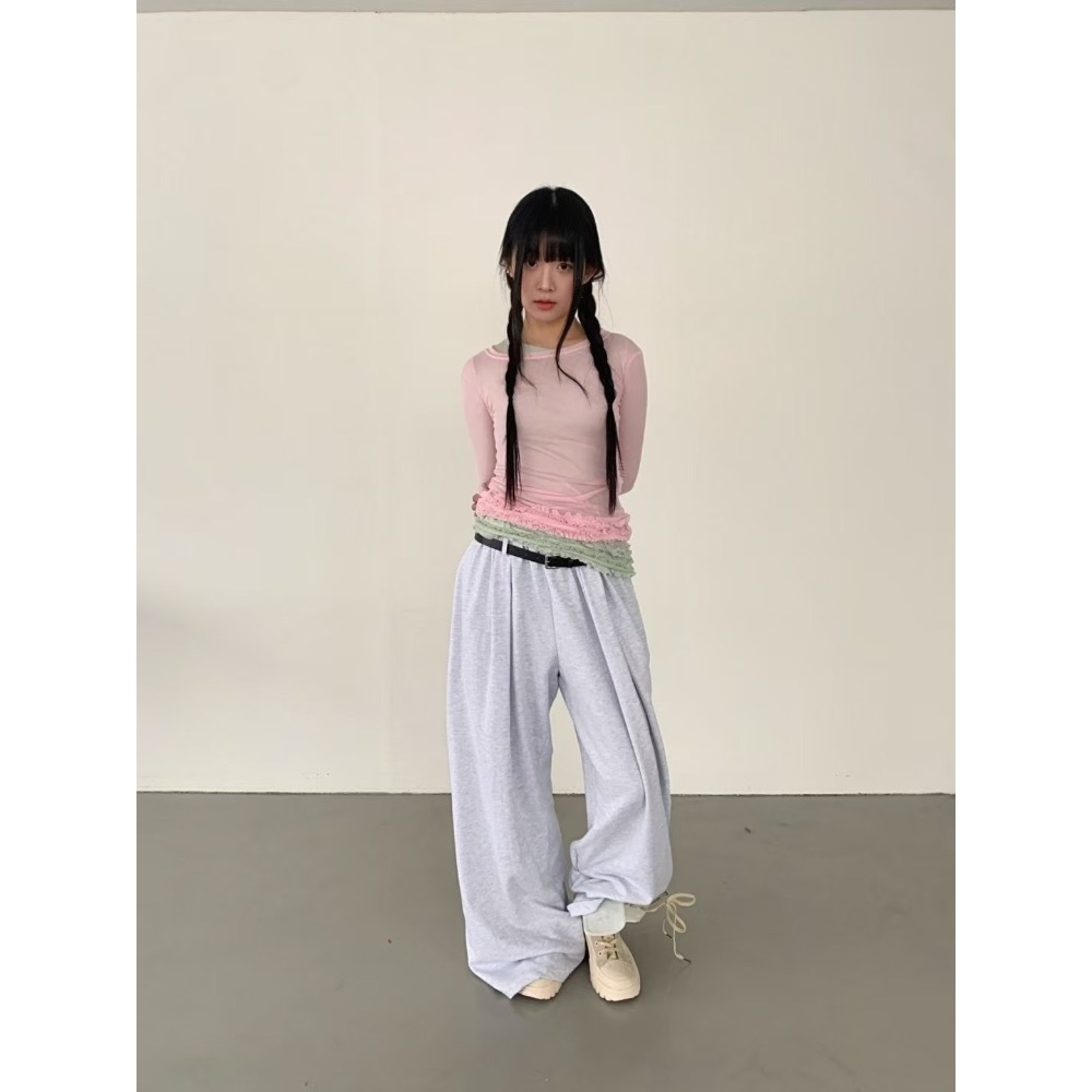 《HSS 韓國代購》正韓 🇰🇷 東大門 鬆緊腰（附腰帶）Y2K女孩鬆垮休閒棉褲 寬褲-細節圖9