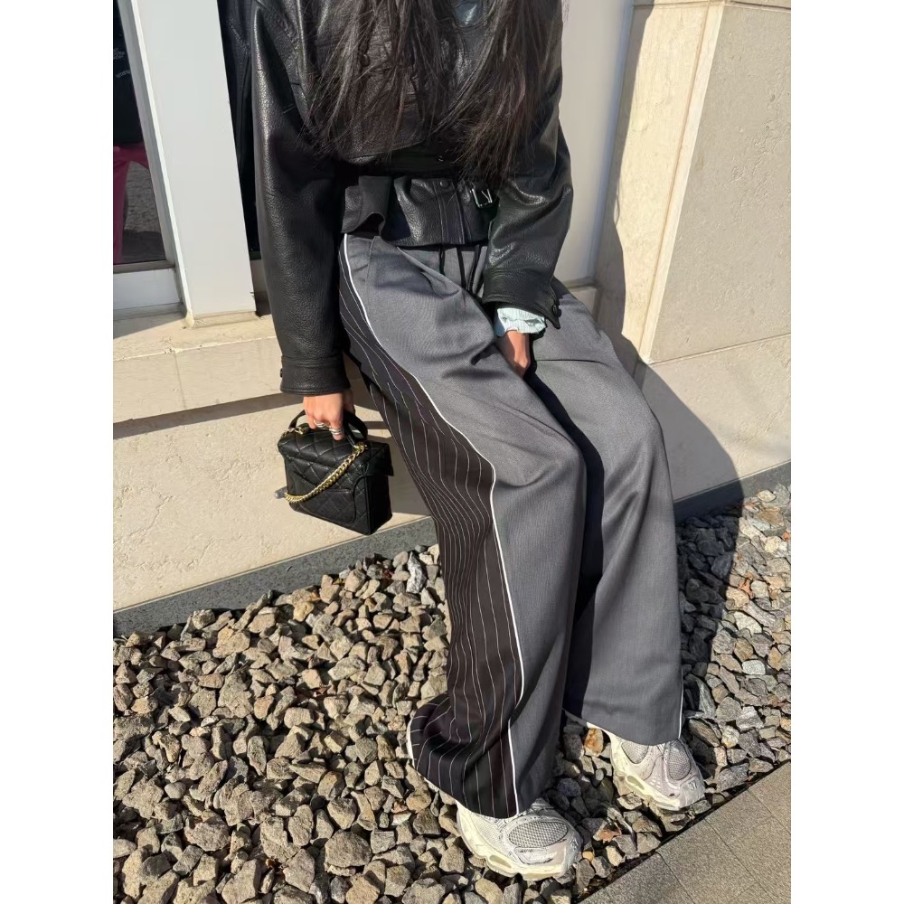 《HSS 韓國代購》正韓 🇰🇷 東大門  鬆緊抽繩拼色雙材質後條文西裝寬褲-細節圖2