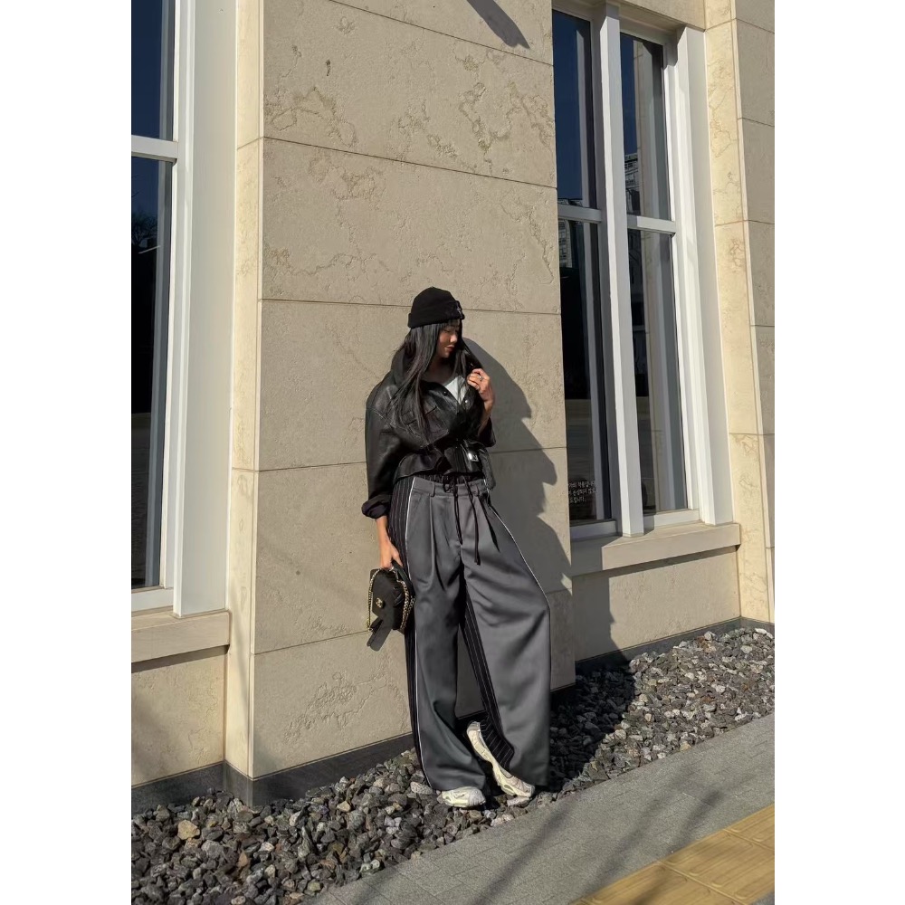 《HSS 韓國代購》正韓 🇰🇷 東大門  鬆緊抽繩拼色雙材質後條文西裝寬褲-細節圖4