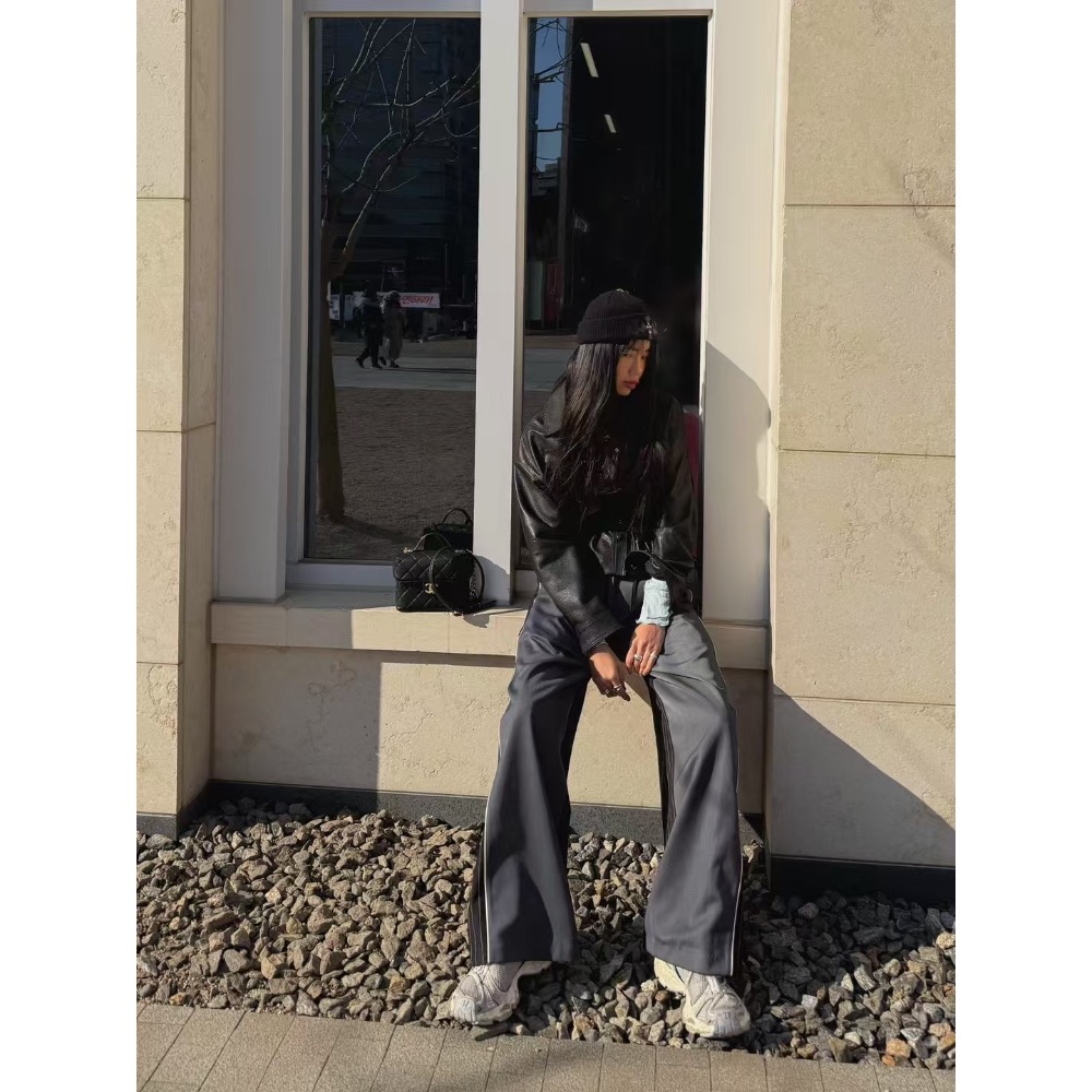 《HSS 韓國代購》正韓 🇰🇷 東大門  鬆緊抽繩拼色雙材質後條文西裝寬褲-細節圖5