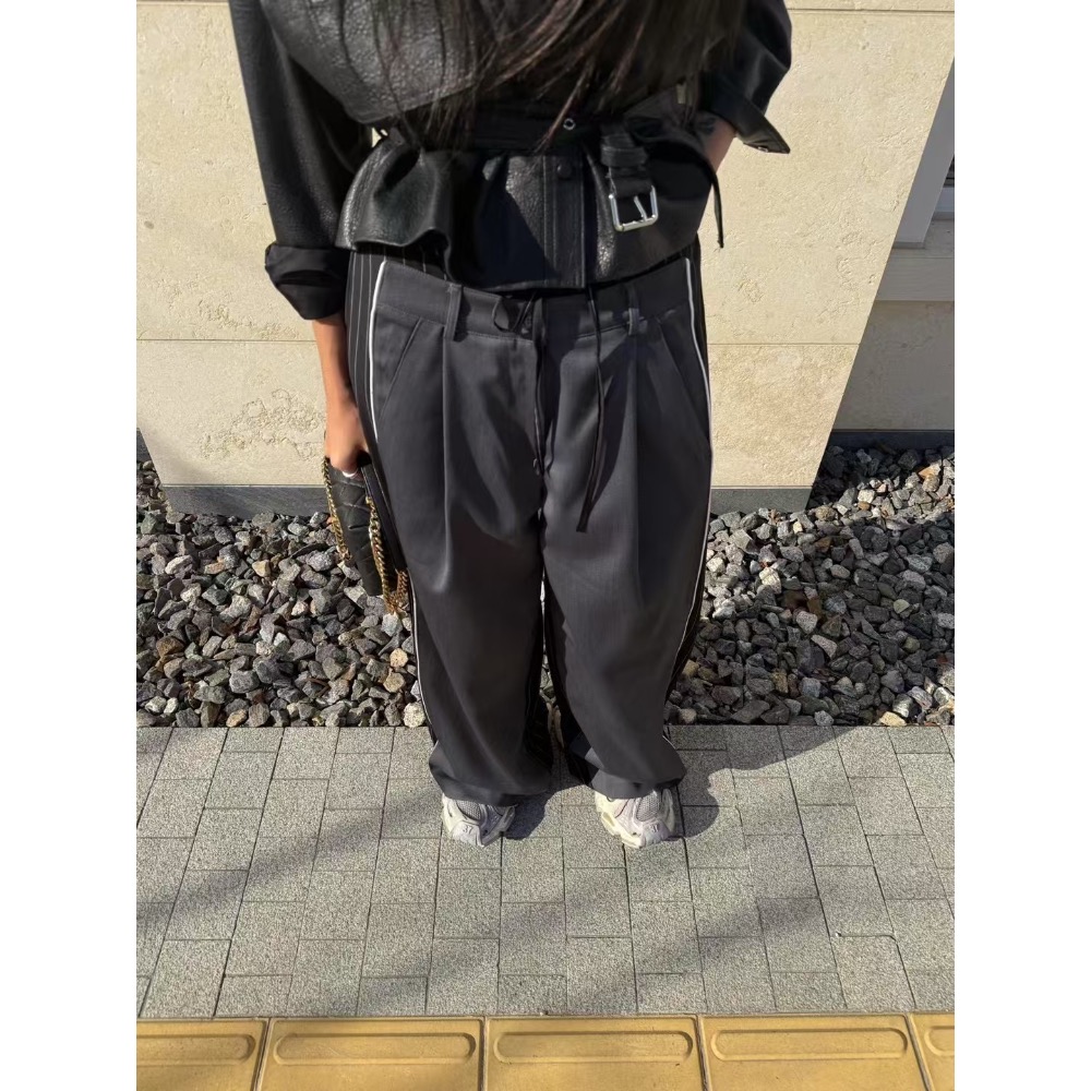 《HSS 韓國代購》正韓 🇰🇷 東大門  鬆緊抽繩拼色雙材質後條文西裝寬褲-細節圖7