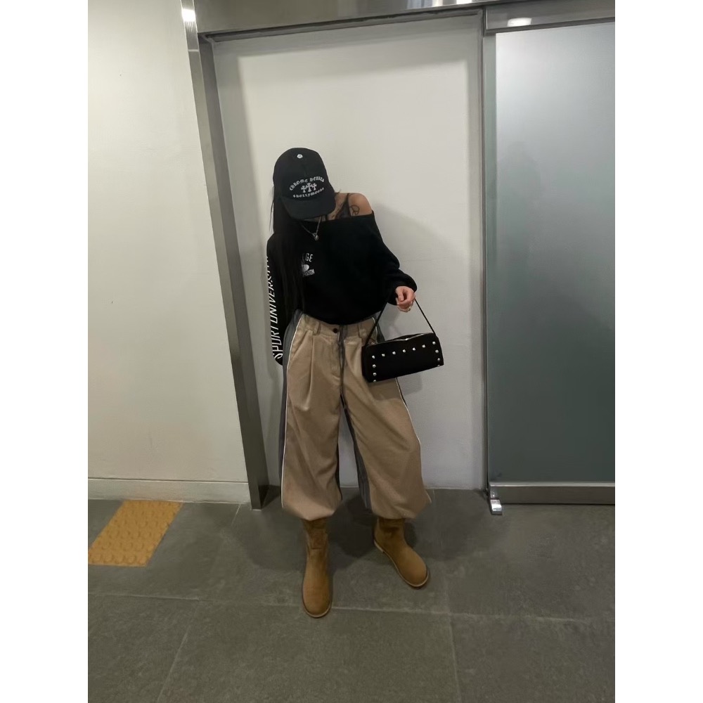 《HSS 韓國代購》正韓 🇰🇷 東大門  鬆緊抽繩拼色雙材質後條文西裝寬褲-細節圖8