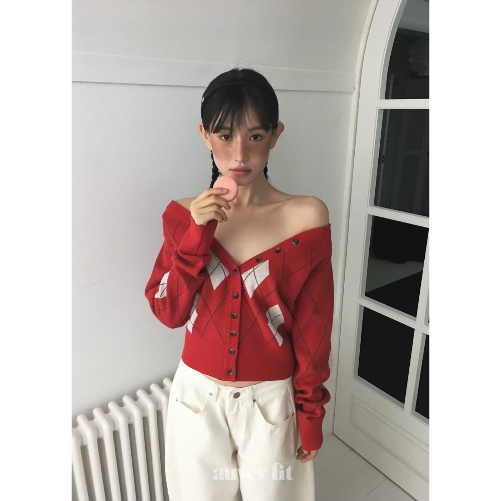 《HSS 韓國代購》正韓 🇰🇷 東大門   學院風針織露肩大V領開襟衫-細節圖2