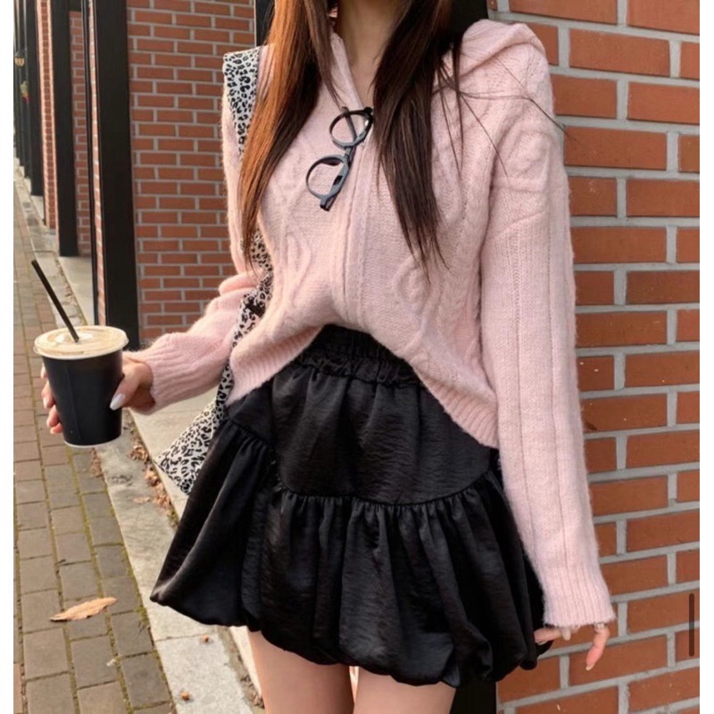 現貨在台《HSS 韓國代購》正韓 🇰🇷 東大門  鬆緊腰緞面抓皺短裙蓬裙花苞裙（內有安全褲）-細節圖6