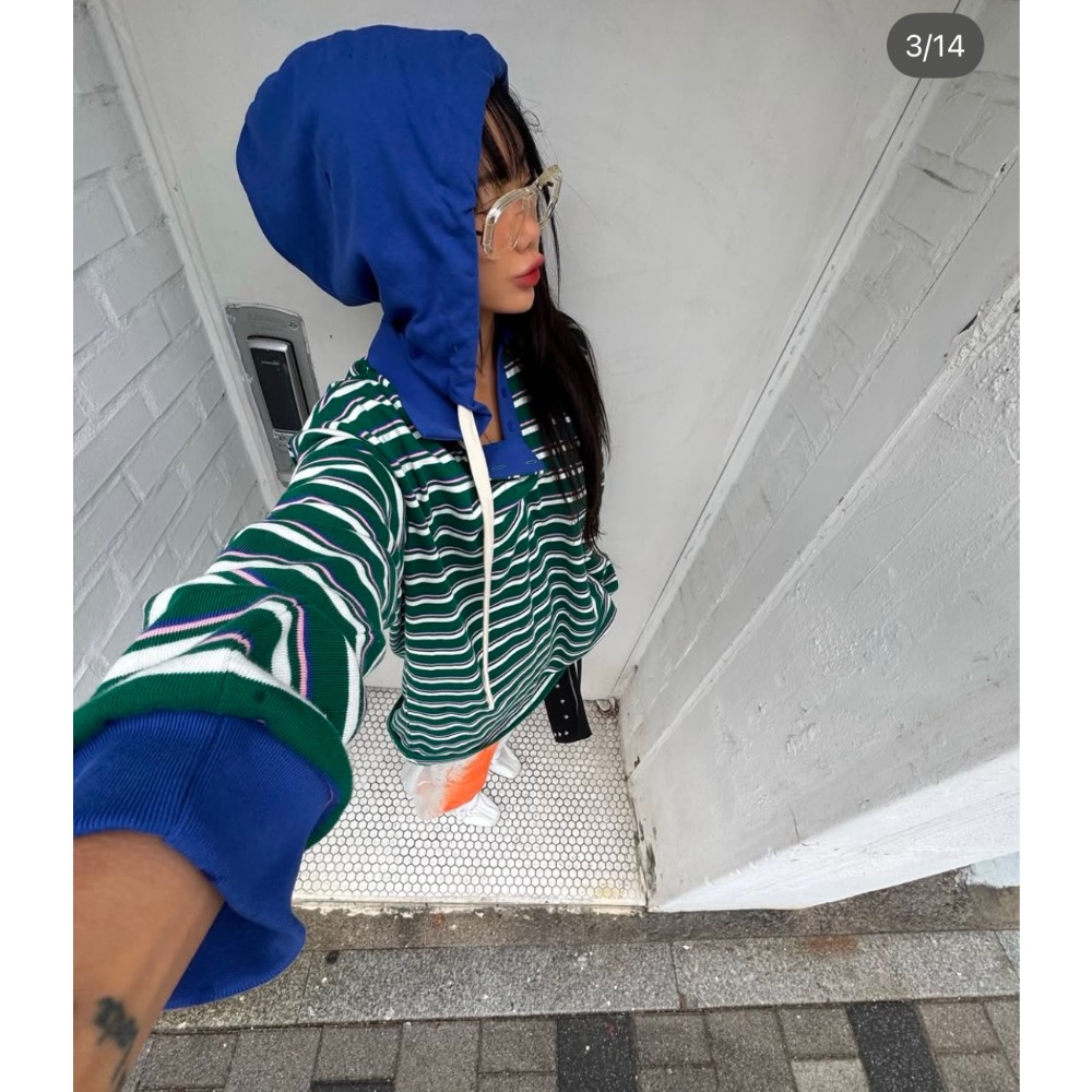 《HSS 韓國代購》正韓 🇰🇷 東大門 連帽老爹Polo條紋衫 復古古著風-細節圖2