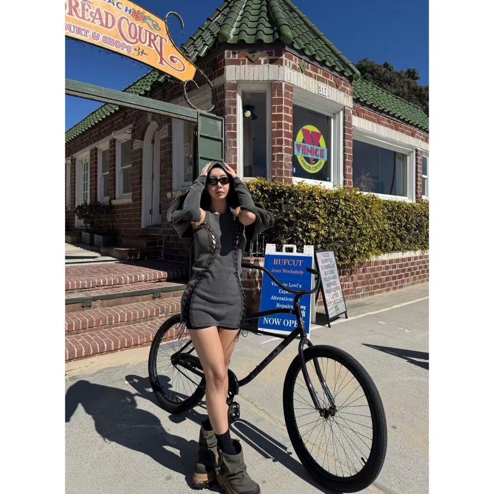 《HSS 韓國代購》正韓 🇰🇷 東大門 連帽造型罩衫手袖外套/修身綁帶造型連身裙短裙洋裝-細節圖2