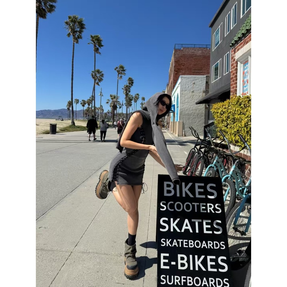 《HSS 韓國代購》正韓 🇰🇷 東大門 連帽造型罩衫手袖外套/修身綁帶造型連身裙短裙洋裝-細節圖3