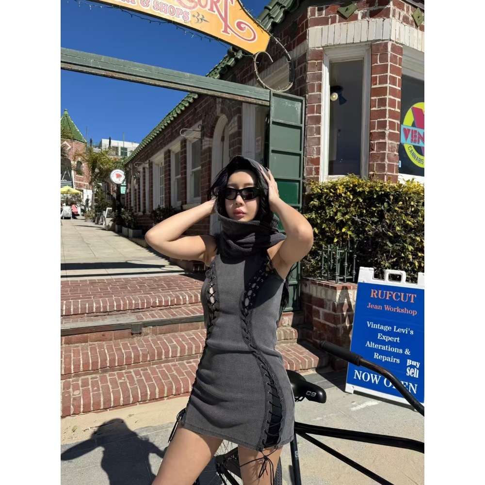 《HSS 韓國代購》正韓 🇰🇷 東大門 連帽造型罩衫手袖外套/修身綁帶造型連身裙短裙洋裝-細節圖4