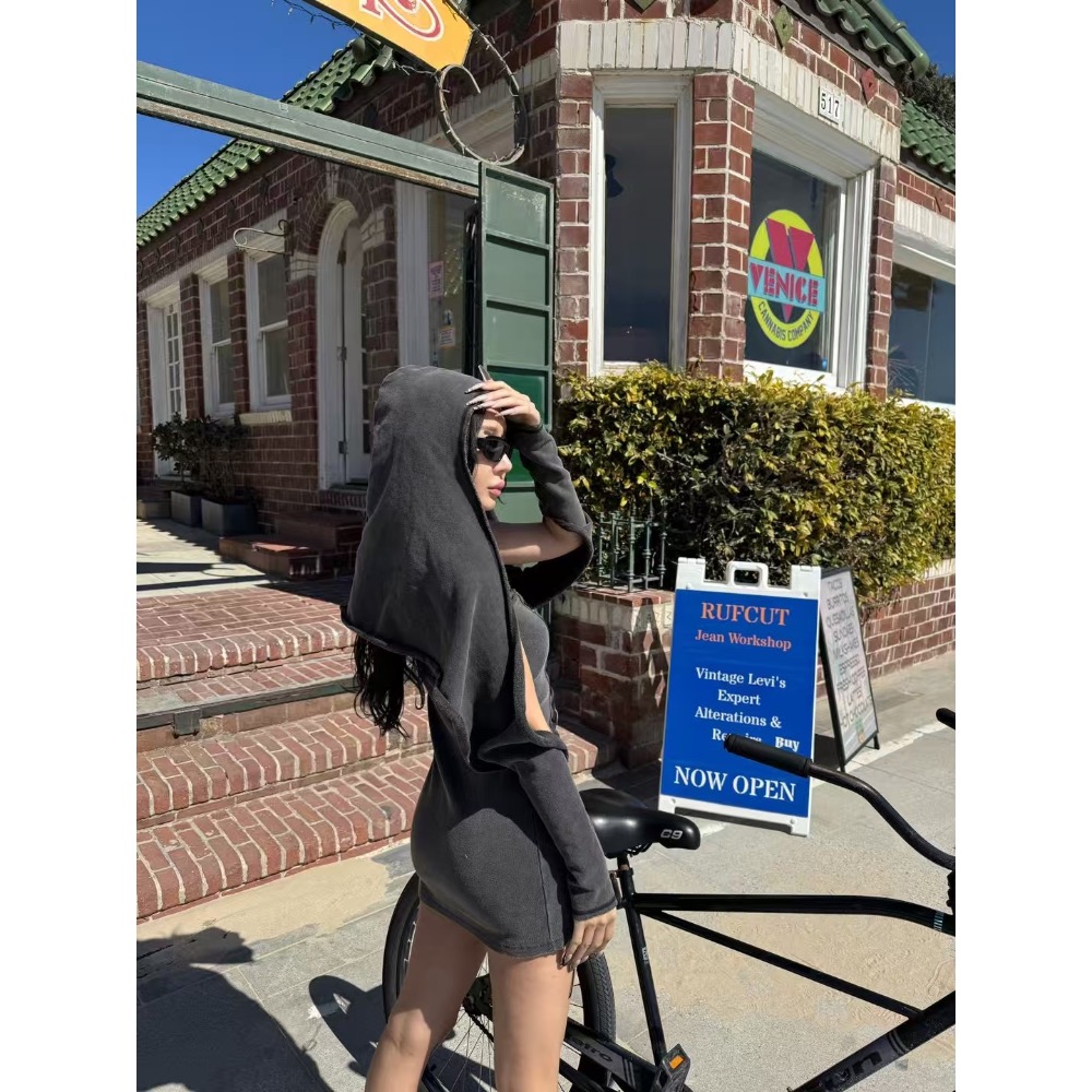 《HSS 韓國代購》正韓 🇰🇷 東大門 連帽造型罩衫手袖外套/修身綁帶造型連身裙短裙洋裝-細節圖6