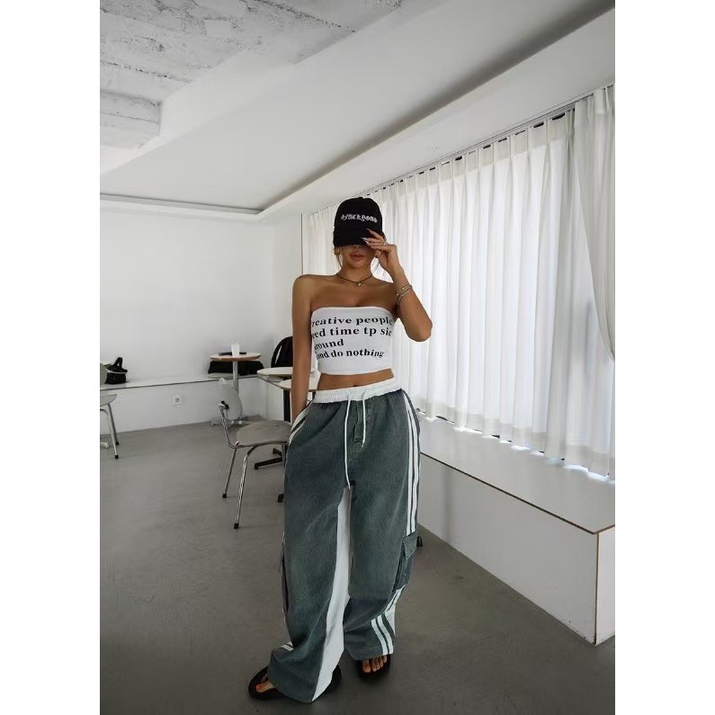 《HSS 韓國代購》正韓 🇰🇷 東大門 雙色拼色鬆緊腰側口袋牛仔工裝褲-細節圖5